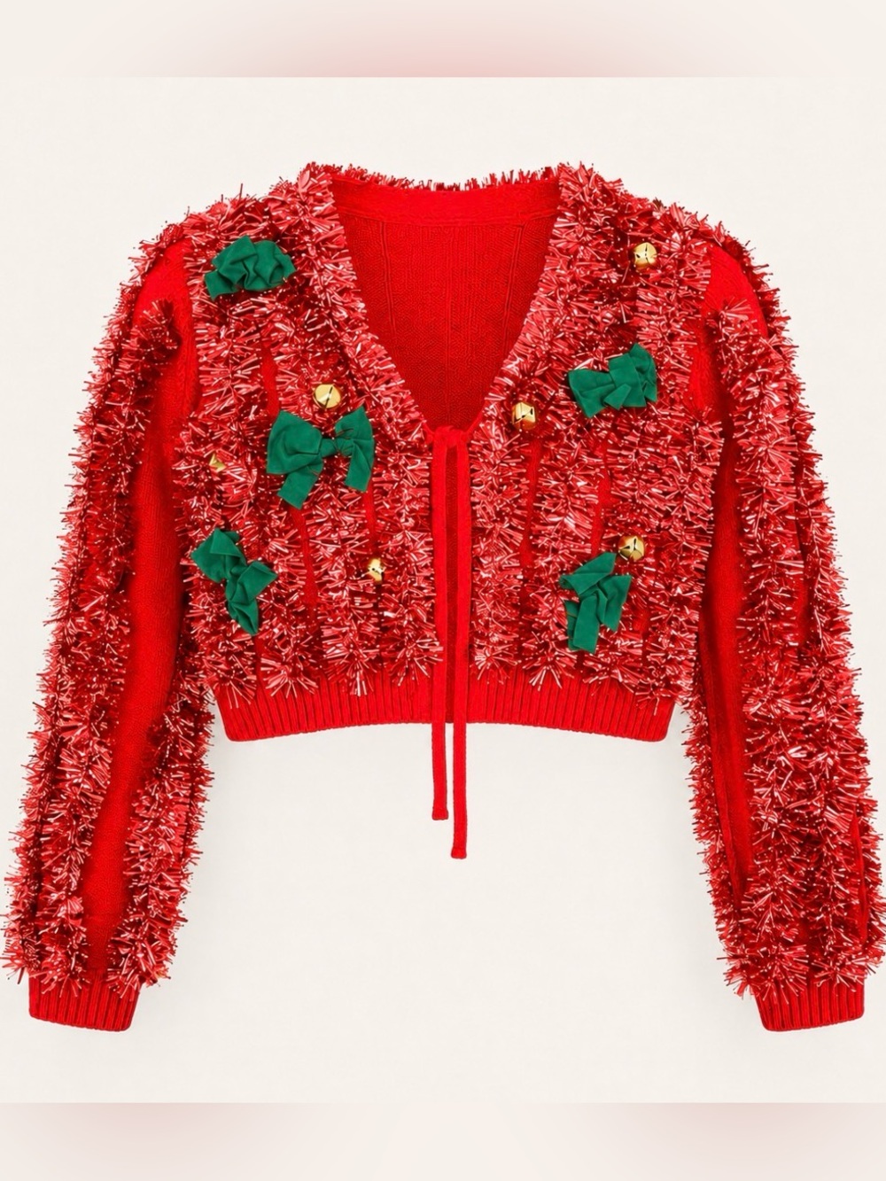 Christmas Party Cardigan Small Cropped Fun Teacher Tinsel Garland Bell Sparkle
